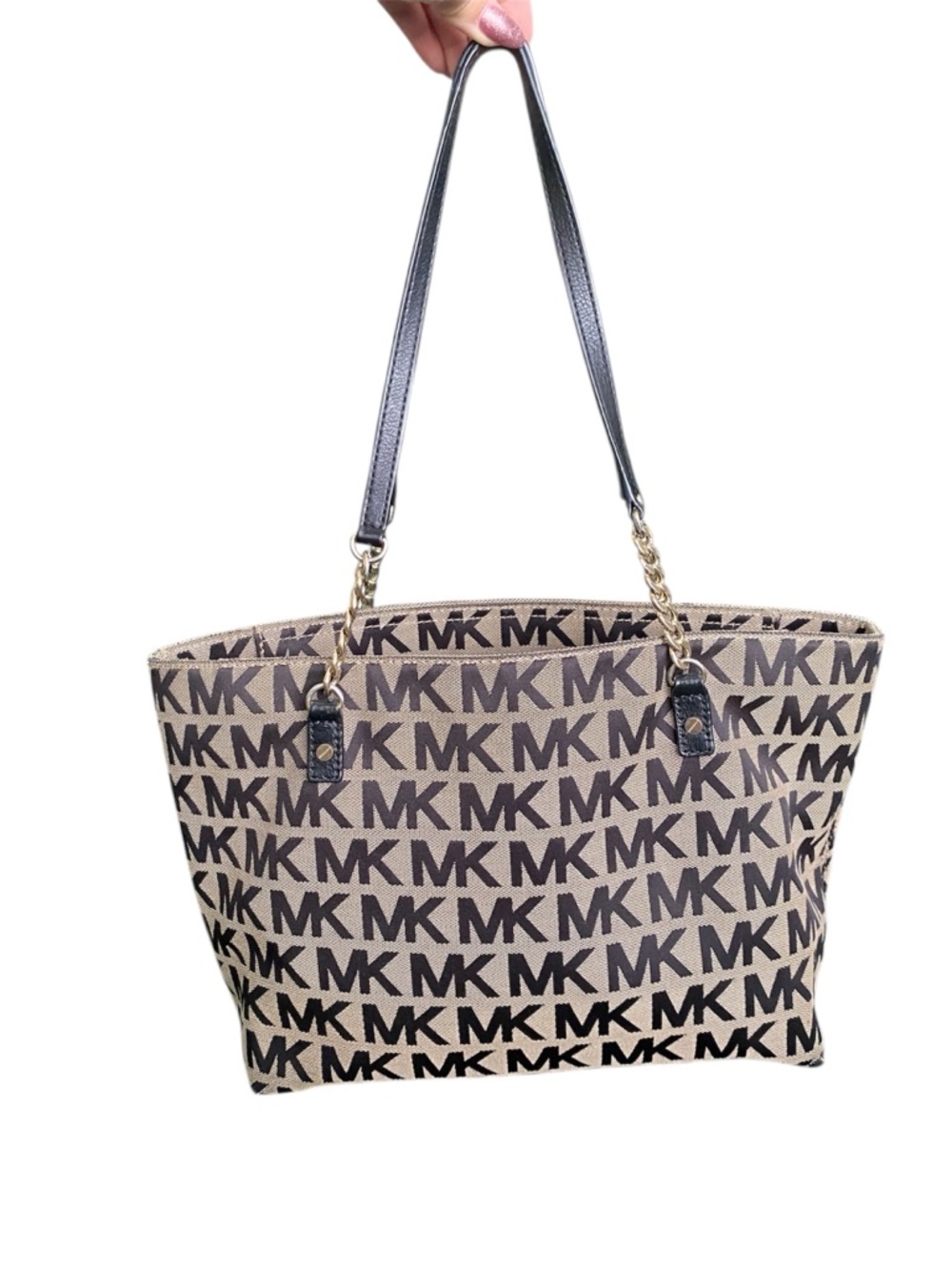 Michael Kors Brown MK Logo Tote with Black Straps & gold hardware vintage